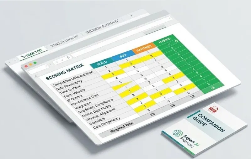 AI Buy vs Build Decision Scorecard Excel mockup — 12-factor weighted scoring matrix