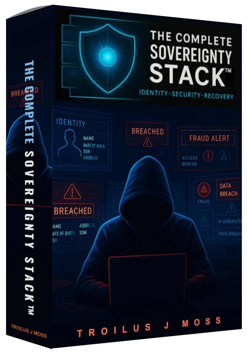 3D box shot of The Complete Sovereignty Stack™ featuring a dark, premium case design with cyan accents and a digital‑security aesthetic.
