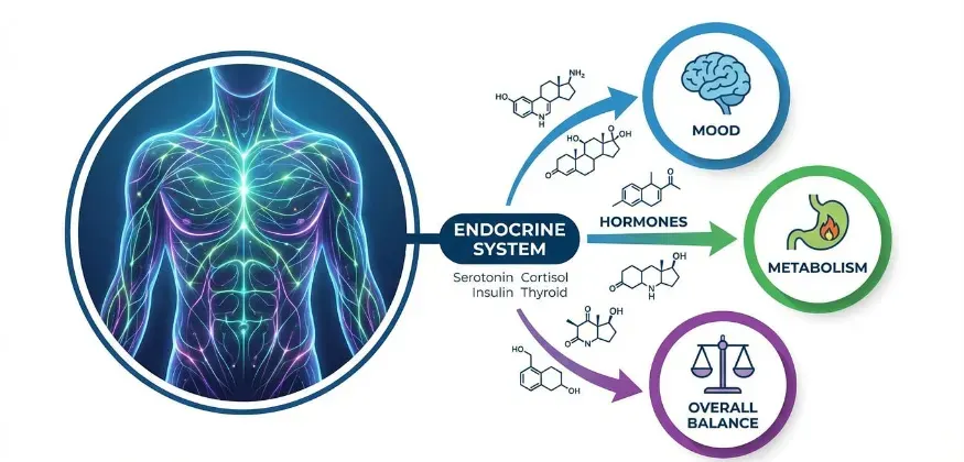Healthcare graphic illustrating how hormones influence mood, metabolism, and overall physiological balance