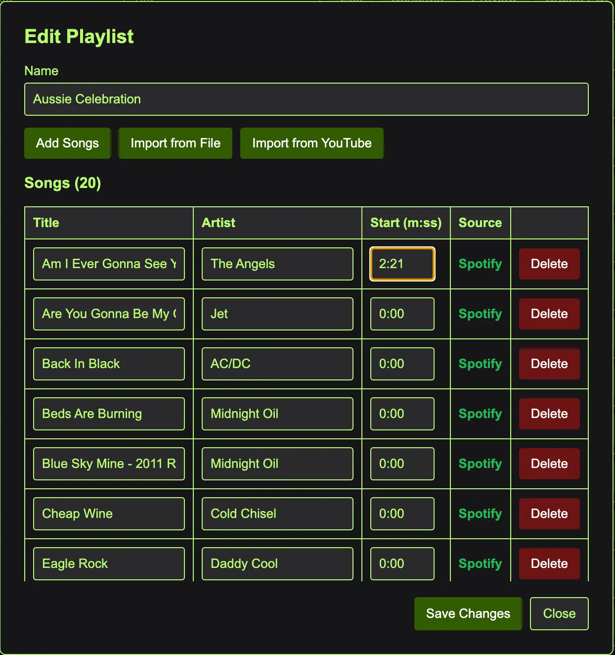set per song