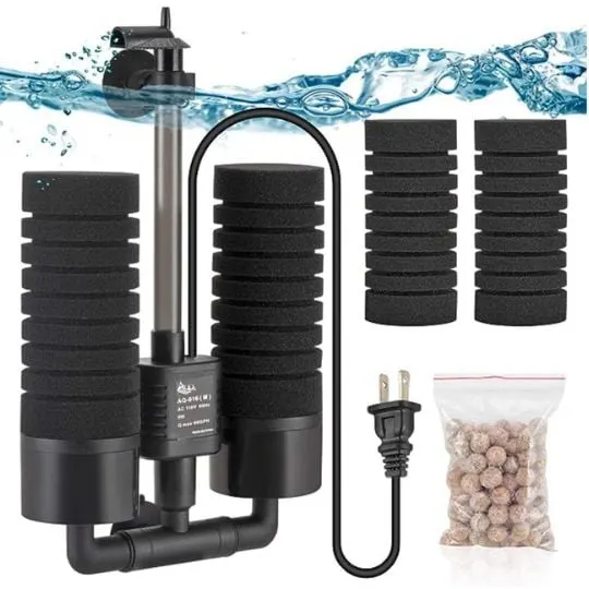 AQQA Aquarium Electric Power Sponge Filter,3W/5W Silence Submersible Foam Filter,Sponges Bio Ceramic Media Balls Double Filter for Saltwater Freshwater Fish Tank (L)