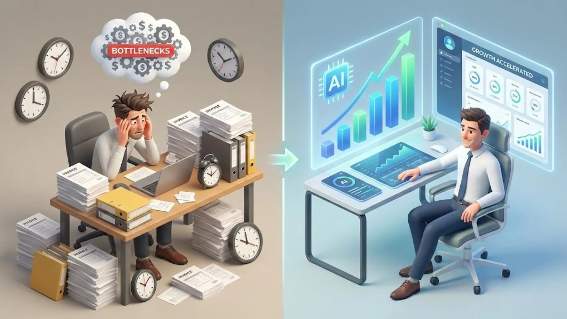 A split screen comparing a stressed business owner with a relaxed one using AI.