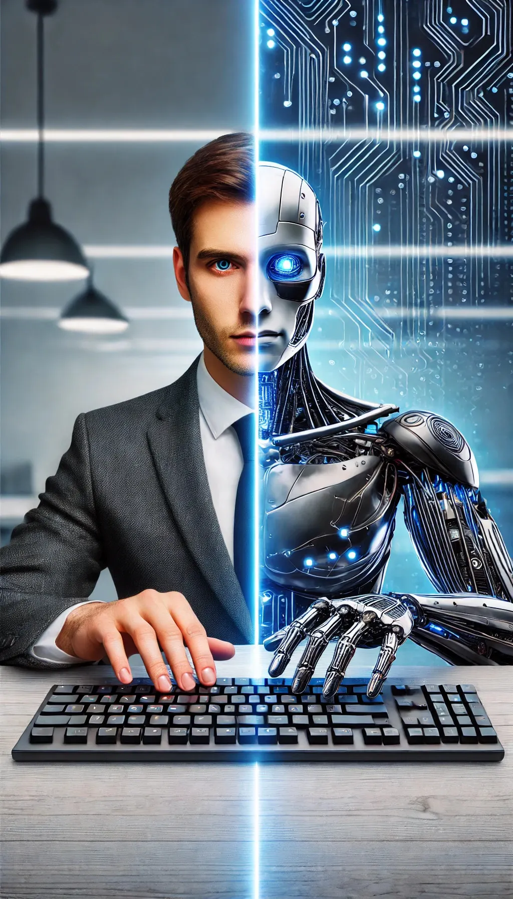 AI image of a half-robot, half-man typing oon a keyboard
