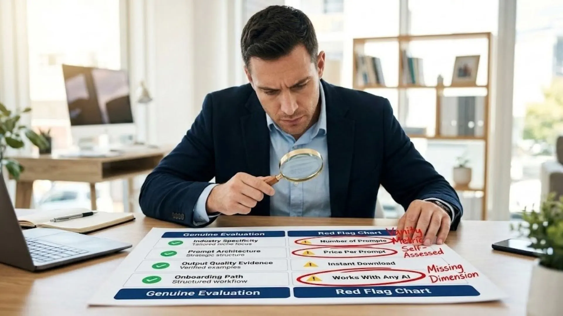 Entrepreneur examining an expert ai prompts comparison chart with magnifying glass spotting 3 red flags 