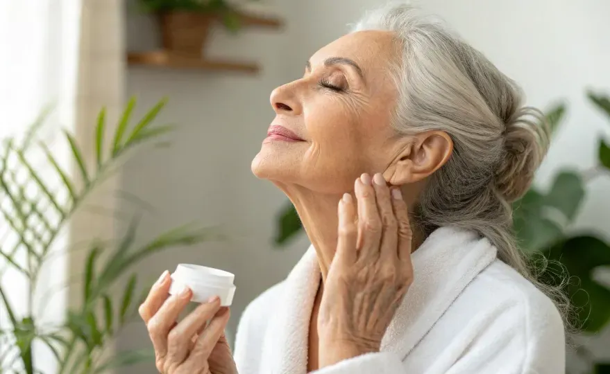 A serene image of an older woman applying eye cream, showcasing graceful aging. Her expression is peaceful, embodying confidence and self-care. The setting is softly lit with a hint of background plants.
