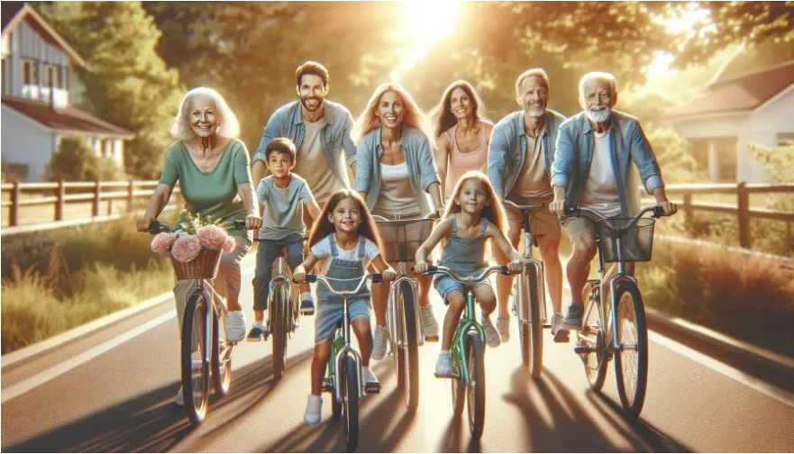 A family of all different ages riding bikes through their neighborhood.