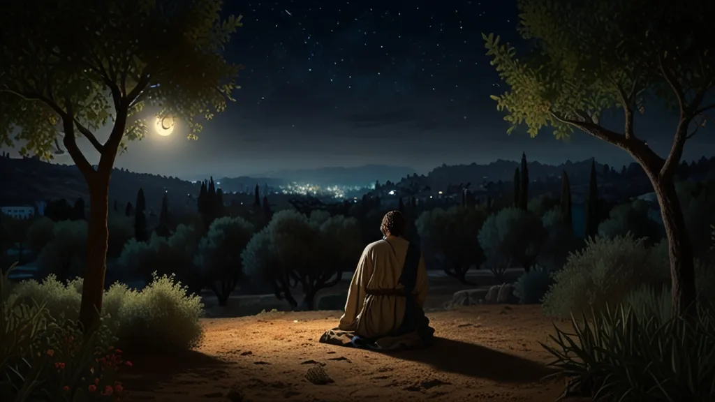 the Garden of Gethsemane at night in 20 AD showing Jesus kneeling in prayer, The background should feature distant Jerusalem, with a starry sky overhead, conveying a sense of peace mixed with tension.