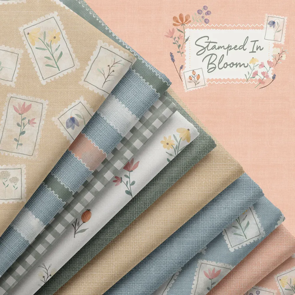 Stamped In Bloom surface pattern collection featuring vintage stamp-inspired florals, soft botanicals, and romantic pastel tones by Brayberry Design.