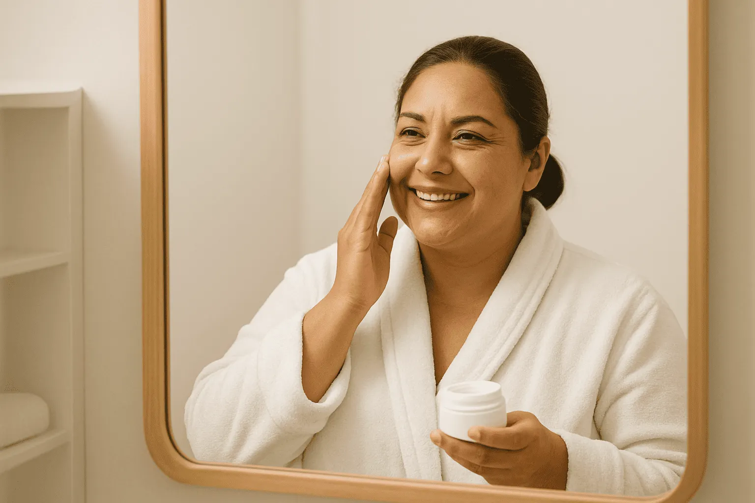 mulher feliz cuidando da pele