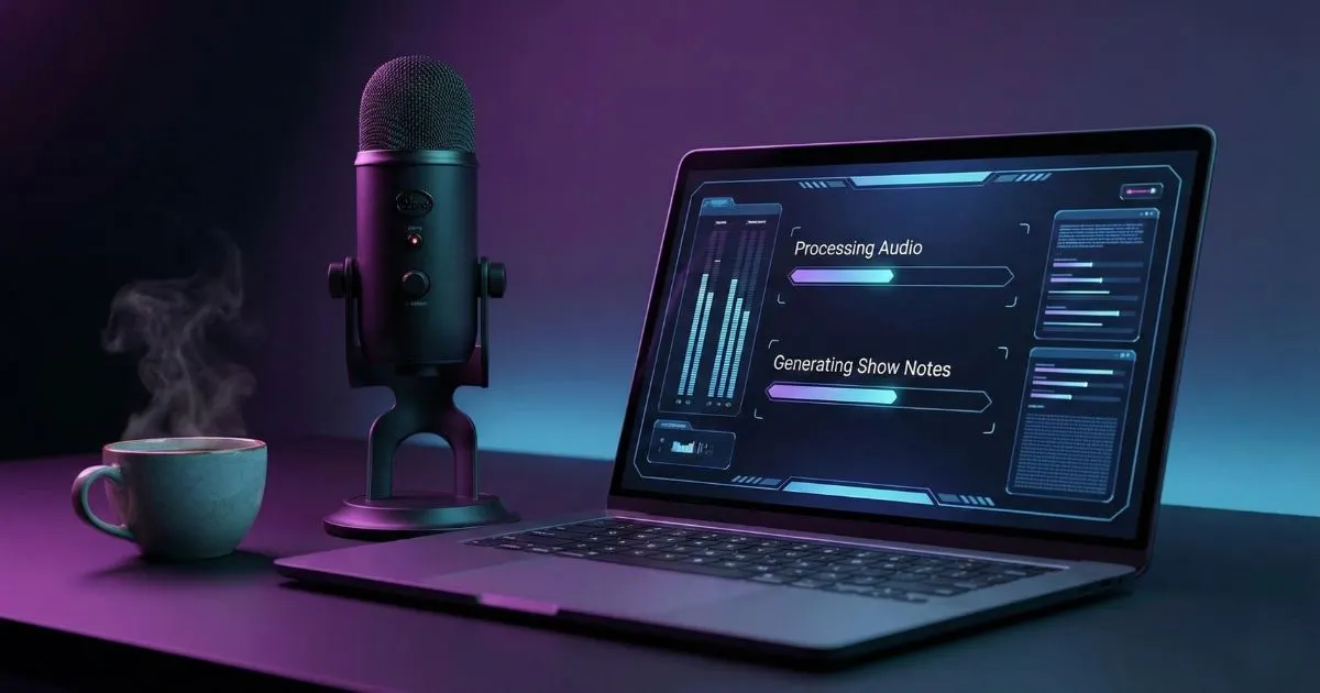 Professional podcast microphone and laptop using AI software.
