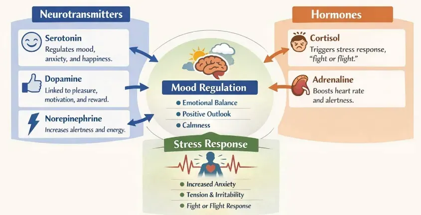Diagram showing how neurotransmitters and hormones influence mood and stress response