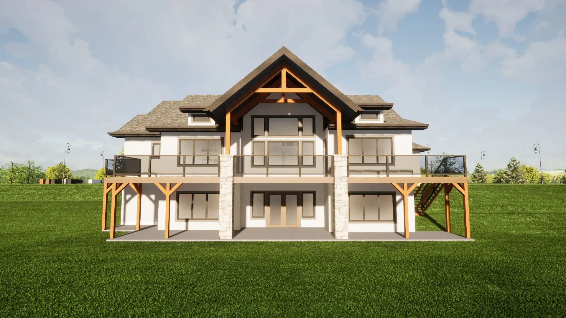 Two-story house with wooden beams, white walls, and a gabled roof, set against a grassy lawn and partly cloudy sky.