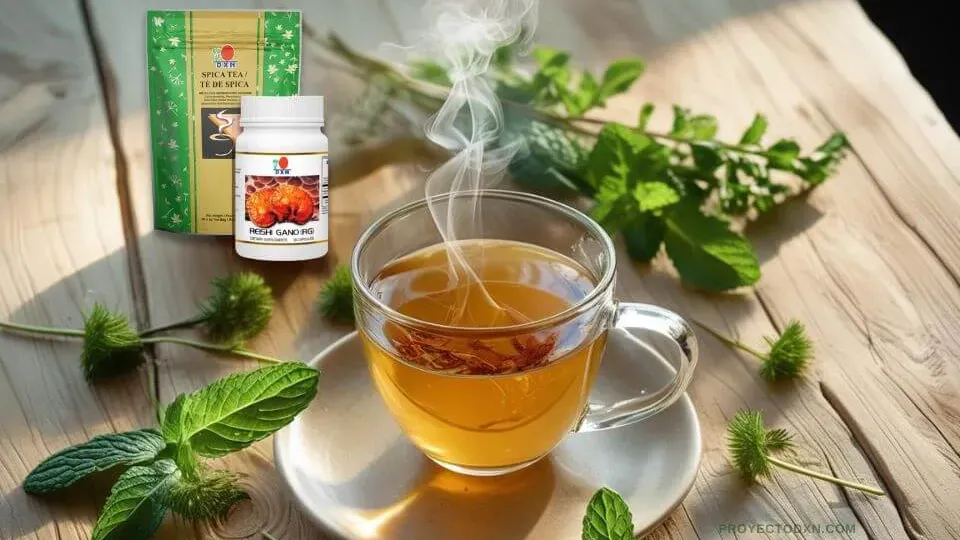 Té de Spica y Ganoderma (RG) de DXN sobre una mesa, simbolizando el apoyo natural a la limpieza hepática y el bienestar del hígado.