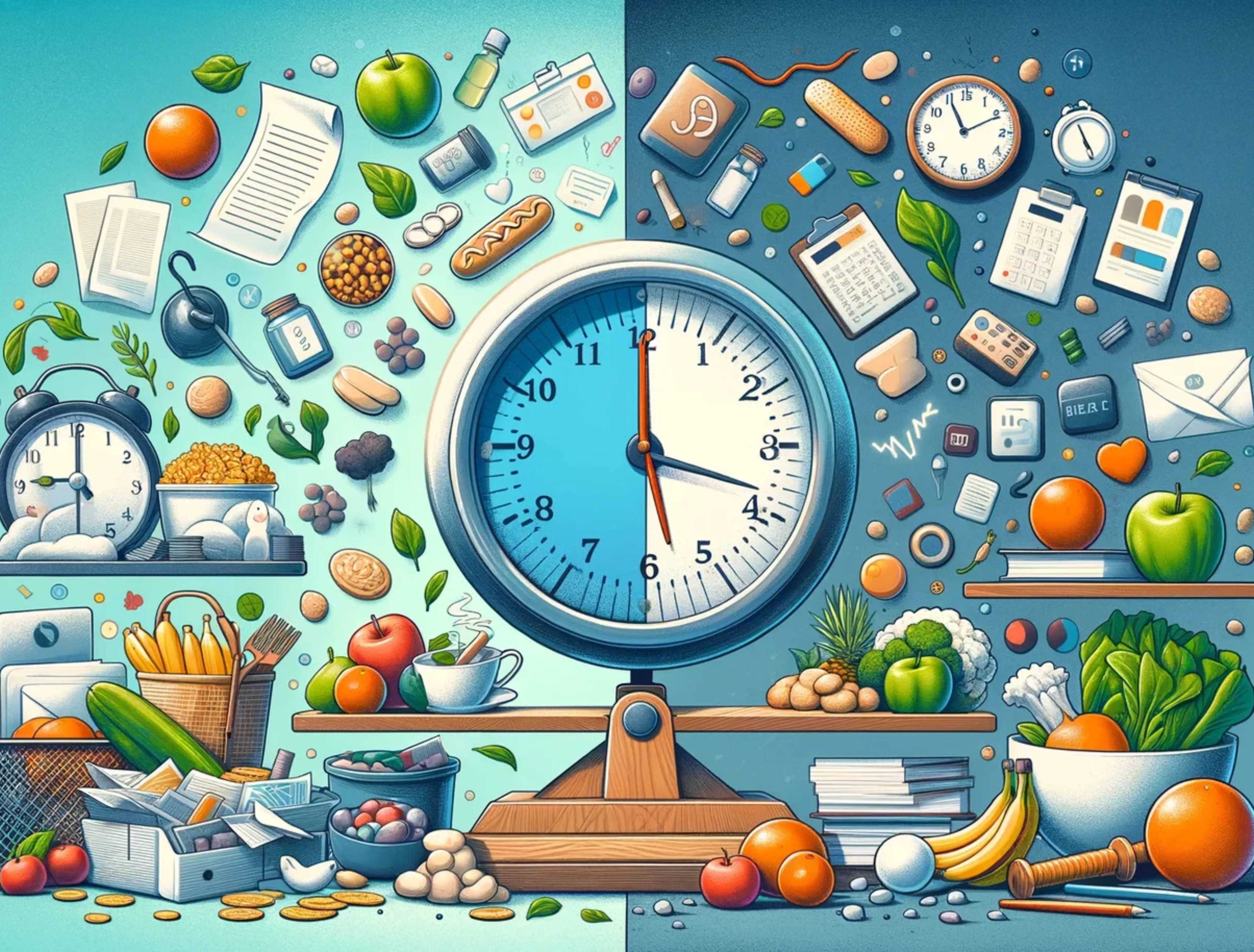 Image of a clocks, scales, foods, notes