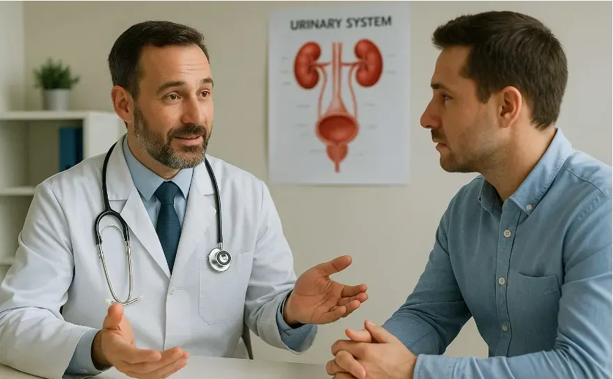 Doctor helping patient understand and manage prostate cancer-related stress