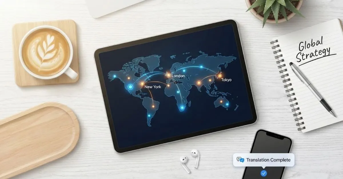 Illustration of AI converting raw data into localized global languages.