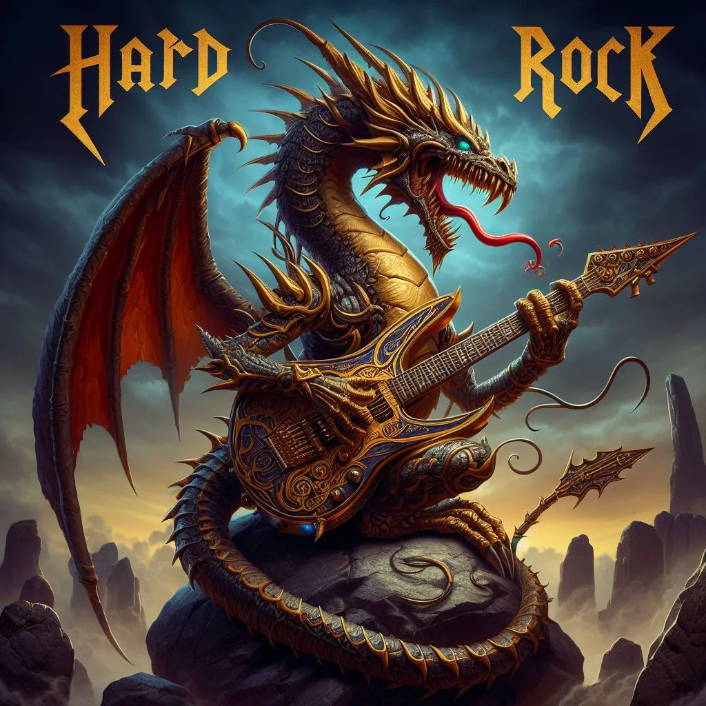 Hard rock fiercive dragon playing electric guitar