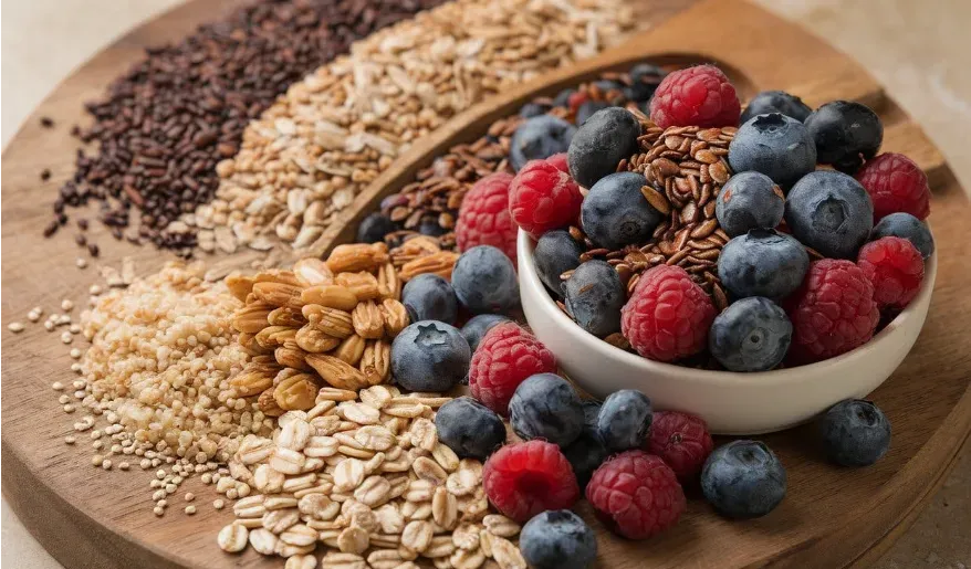 Bowl of mixed berries and flaxseeds representing Super MACS for health.