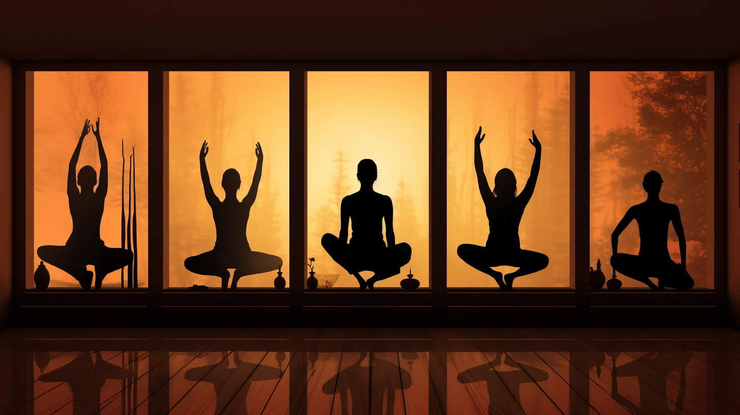people practicing various yoga poses in a safe, dimly lit studio