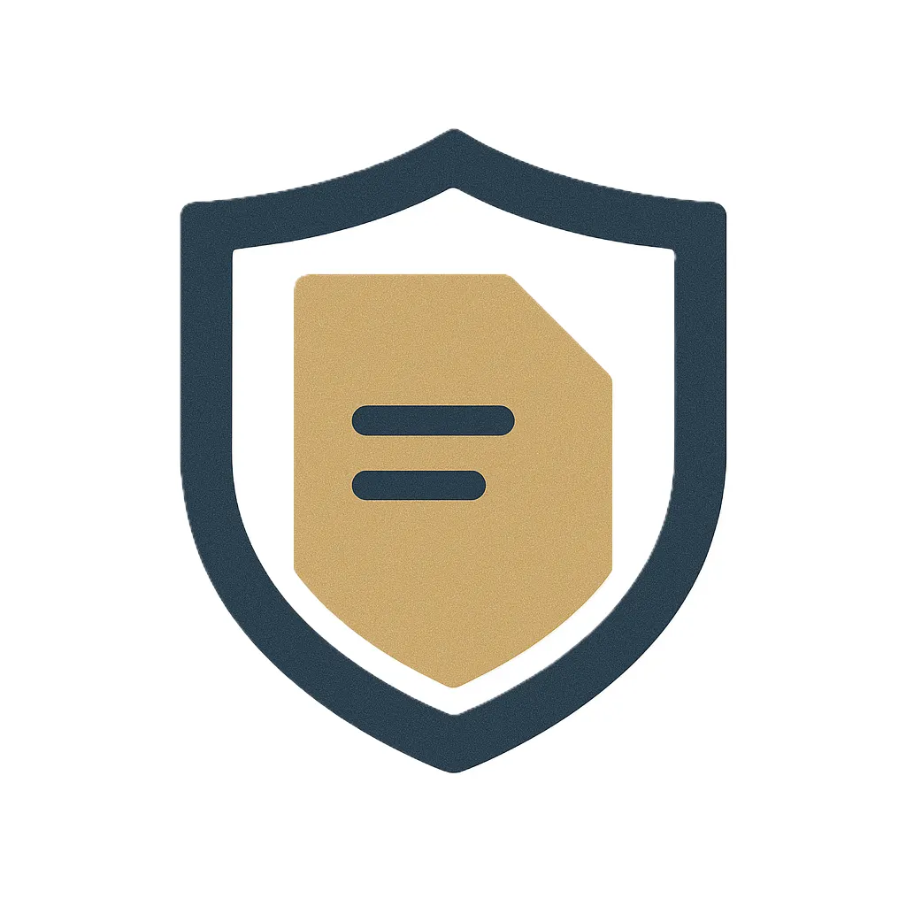 Flat icon of a gold document inside a navy blue shield, symbolizing USPAP-compliant, legally defensible aviation appraisal standards.
