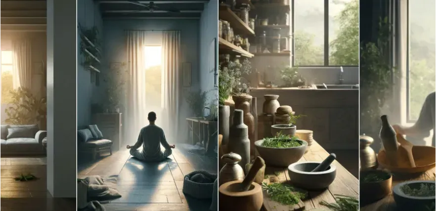 A lifestyle image that includes daily activities infused with holistic health practices, such as a person meditating in a quiet corner of their home, another preparing herbal remedies in the kitchen.