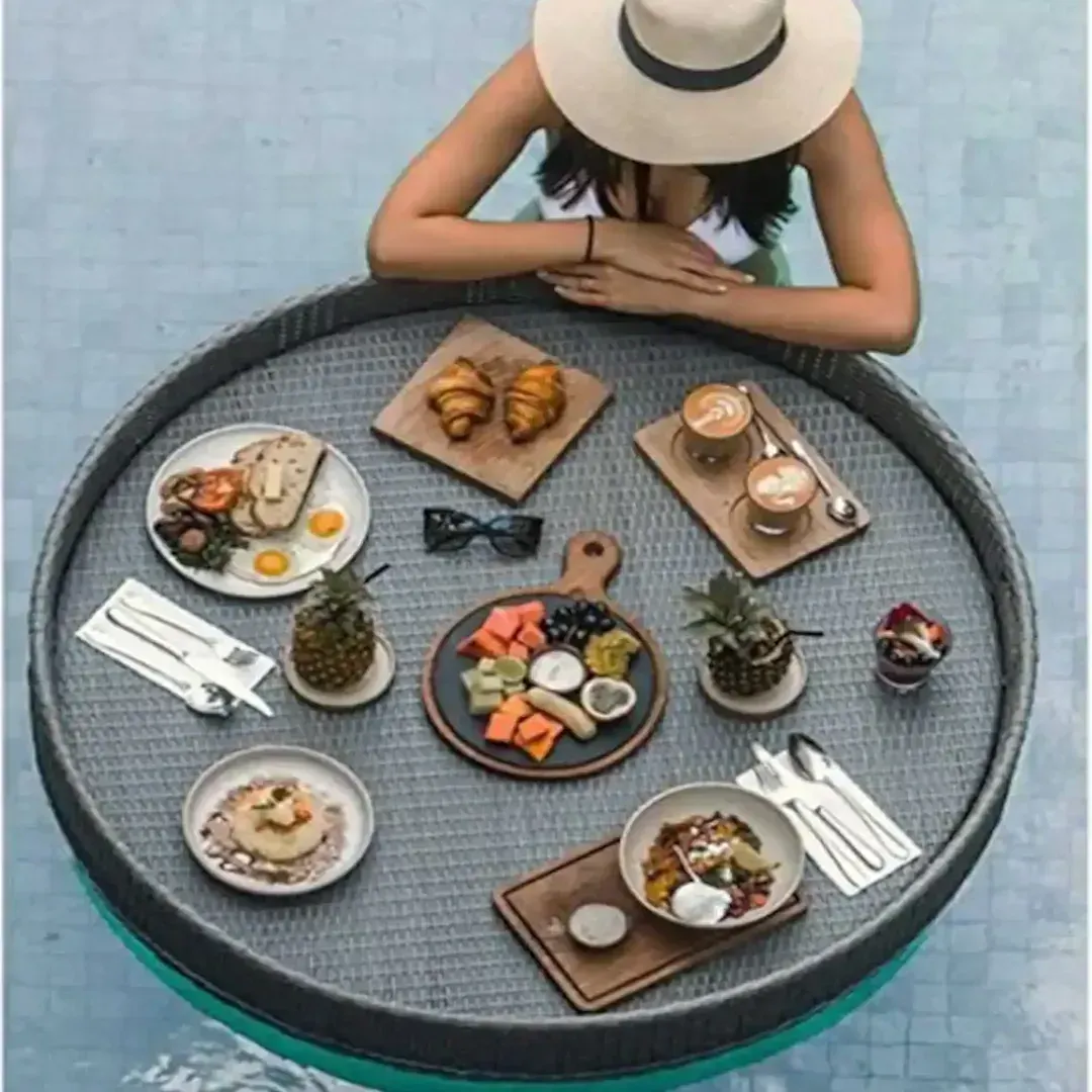 Floating breakfast tray in pool at Villa Laurell Estate.