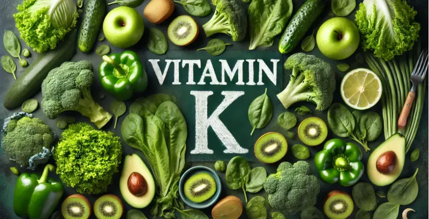 An image featuring an assortment of green foods rich in Vitamin K, such as avocados, broccoli, lettuce, kiwi, green apples, and spinach, arranged around the words "VITAMIN K" in bold, chalk-like lettering on a dark green background.