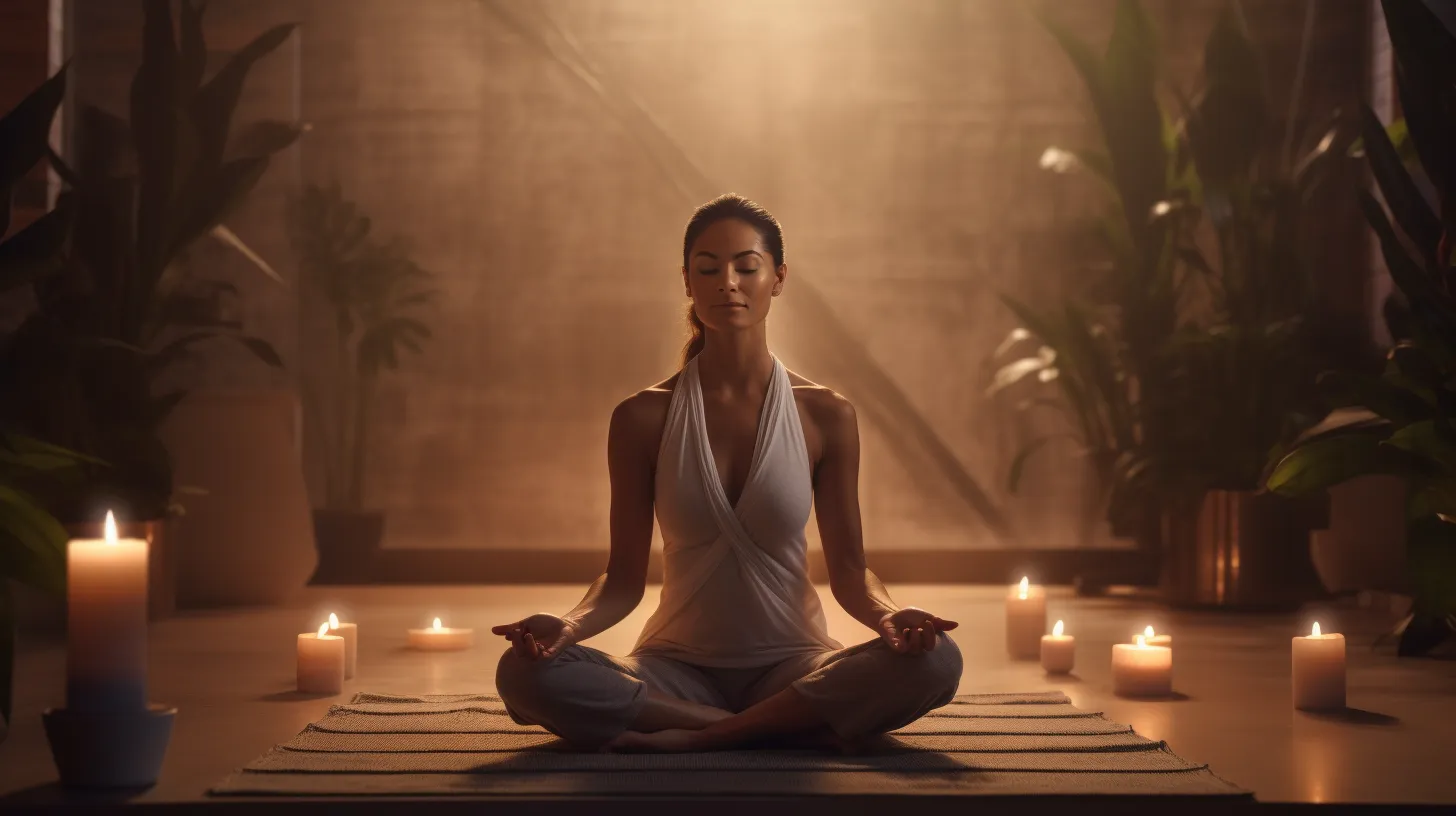 person in a beginner yoga pose in a serene, private space with a yoga mat, lit candles, a diffuser
