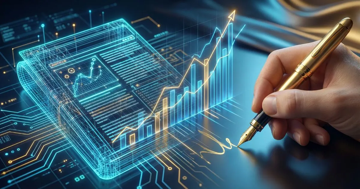 A visualization of human and AI collaboration creating rising SEO rankings.