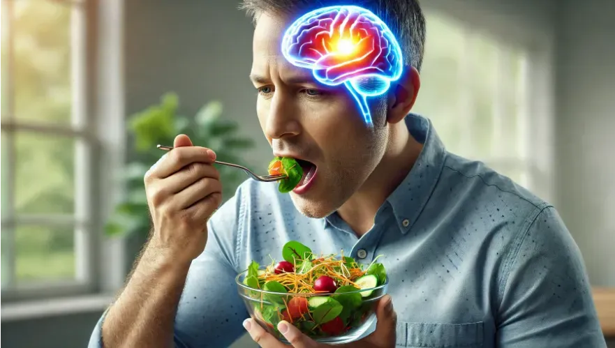 a man eating a salad with his brain lighting up