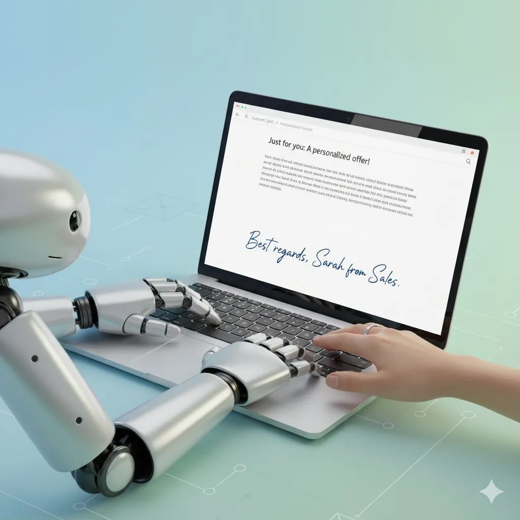 A graphic showing a human and an AI working together as an AI sales assistant to create personalized, automated lead follow-up.