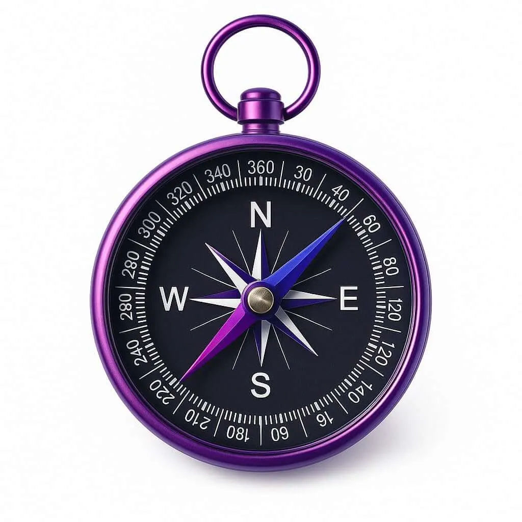<alt=“A timeless 3D compass symbolizing strategic direction in modern marketing, featuring brand colors violet-magenta, indigo, and deep purple.”>