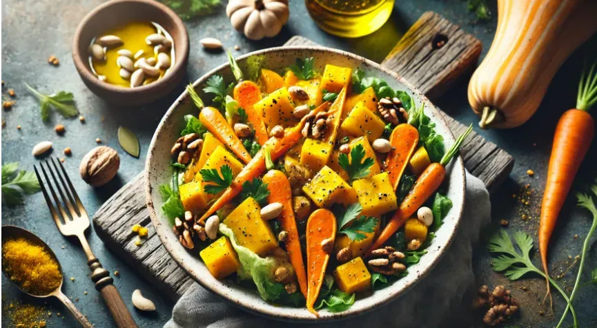 A vibrant salad featuring yellow vegetables such as carrots, pumpkins, and sweet potatoes, topped with a drizzle of olive oil and nuts. 