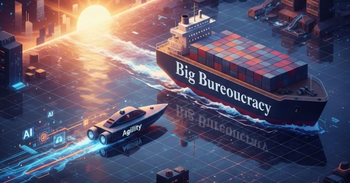 A small speedboat outracing a large cargo ship, symbolizing small business agility vs big corporations.