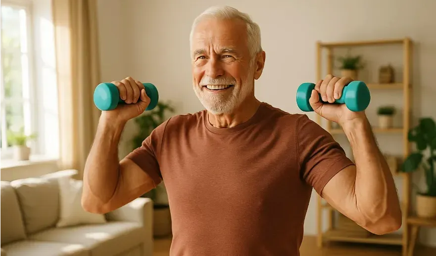 Elderly man lifting light weights in a sunny living room, looking healthy and strong. 