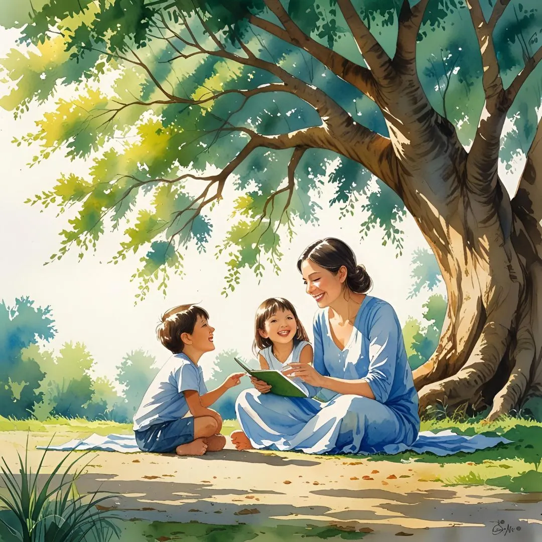 Mom teaching her kids thru story telling.