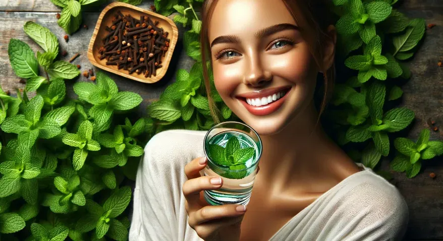 a person smiling while holding a glass of clear herbal mouthwash, set against a backdrop of fresh peppermint leaves and cloves.