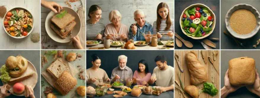 people of various ages enjoying meals made from ancient grains. The images symbolize improved health and well-being.