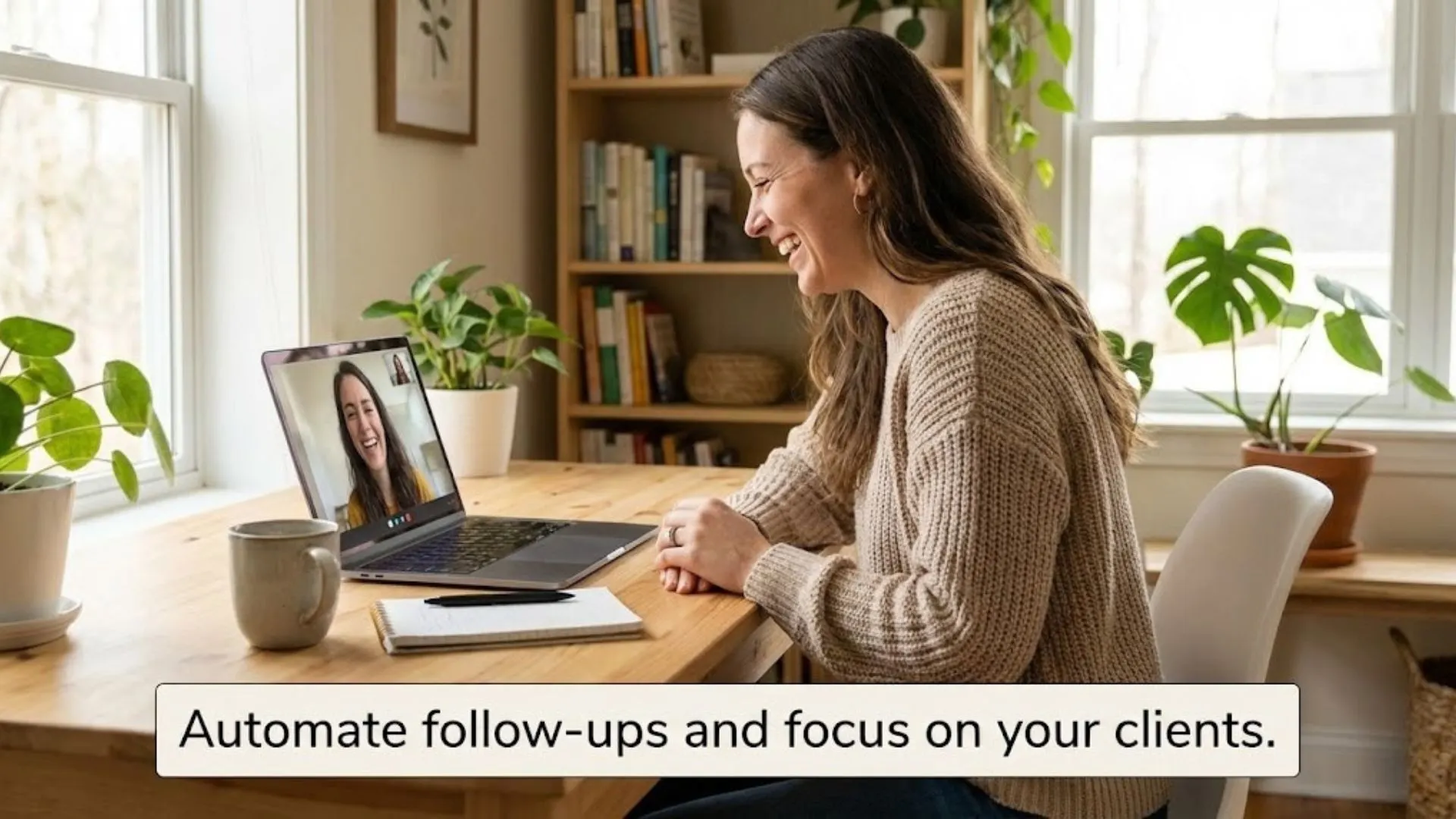 Business coach leading a session while automated AI prompts handle client follow-ups.