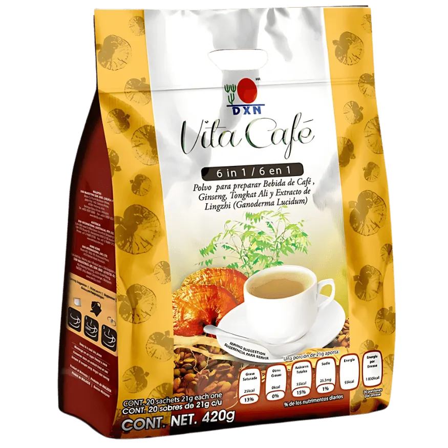 Bolsa de Vita Café 6 en 1 de DXN, una mezcla de café premium con Ganoderma y Ginseng para la vitalidad.