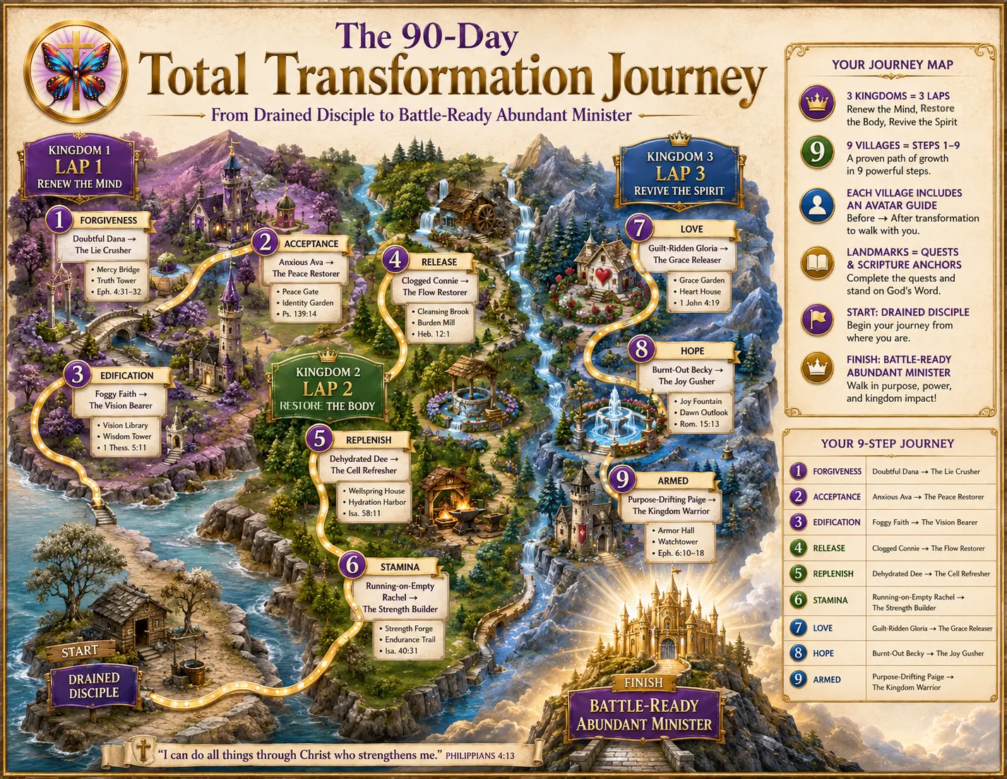 Illustrated Christian wellness journey map titled 'The 90-Day Total Transformation Journey: From Drained Disciple to Battle-Ready Abundant Minister.' A glowing golden path begins in the lower-left at 'Start: Drained Disciple,' winds through a richly detailed fantasy landscape of villages, castles, forests, rivers, waterfalls, gardens, and mountains, and ends at a radiant golden castle labeled 'Finish: Battle-Ready Abundant Minister.' The journey is divided into 3 Kingdoms and 9 steps. Kingdom 1, Lap 1—Renew the Mind includes: 1) Forgiveness, Doubtful Dana to The Lie Crusher, with Mercy Bridge, Truth Tower, and Ephesians 4:31–32; 2) Acceptance, Anxious Ava to The Peace Restorer, with Peace Gate, Identity Garden, and Psalm 139:14; and 3) Edification, Foggy Faith to The Vision Bearer, with Vision Library, Wisdom Tower, and 1 Thessalonians 5:11. Kingdom 2, Lap 2—Restore the Body includes: 4) Release, Clogged Connie to The Flow Restorer, with Cleansing Brook, Burden Mill, and Hebrews 12:1; 5) Replenish, Dehydrated Dee to The Cell Refresher, with Wellspring House, Hydration Harbor, and Isaiah 58:11; and 6) Stamina, Running-on-Empty Rachel to The Strength Builder, with Strength Forge, Endurance Trail, and Isaiah 40:31. Kingdom 3, Lap 3—Revive the Spirit includes: 7) Love, Guilt-Ridden Gloria to The Grace Releaser, with Grace Garden, Heart House, and 1 John 4:19; 8) Hope, Burnt-Out Becky to The Joy Gusher, with Joy Fountain, Dawn Outlook, and Romans 15:13; and 9) Armed, Purpose-Drifting Paige to The Kingdom Warrior, with Armor Hall, Watchtower, and Ephesians 6:10–18. A right-side legend explains that each village represents a transformation step with an avatar guide, while landmarks represent quests and Scripture anchors. A cross-and-butterfly emblem symbolizes Christian faith and transformation. The entire pathway progresses from depletion and uncertainty toward strength, purpose, spiritual renewal, and abundant service. Philippians 4:13 anchors the journey: 'I can do all things through Christ who strengthens me.'