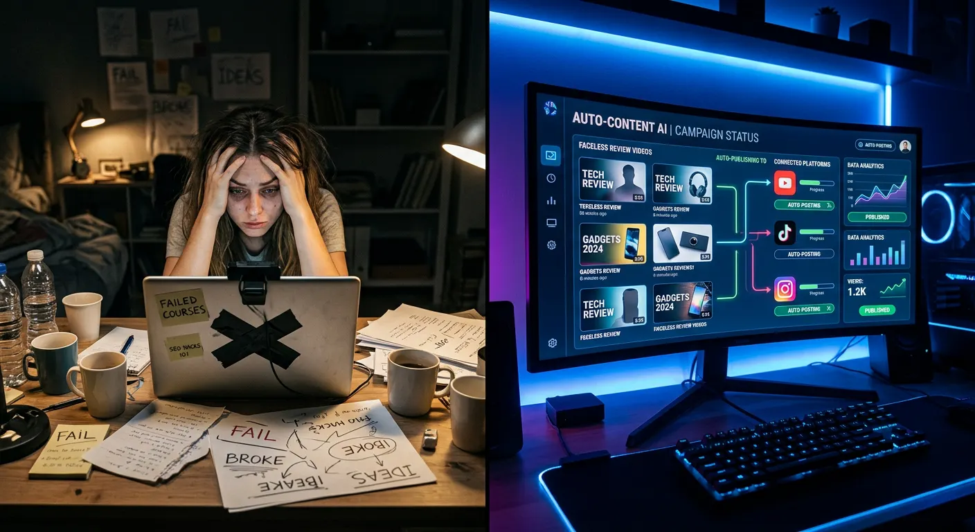 SuperAffiliateAI review hero image showing a stressed beginner affiliate marketer contrasted with an AI dashboard automating faceless review videos across YouTube, TikTok, and Instagram