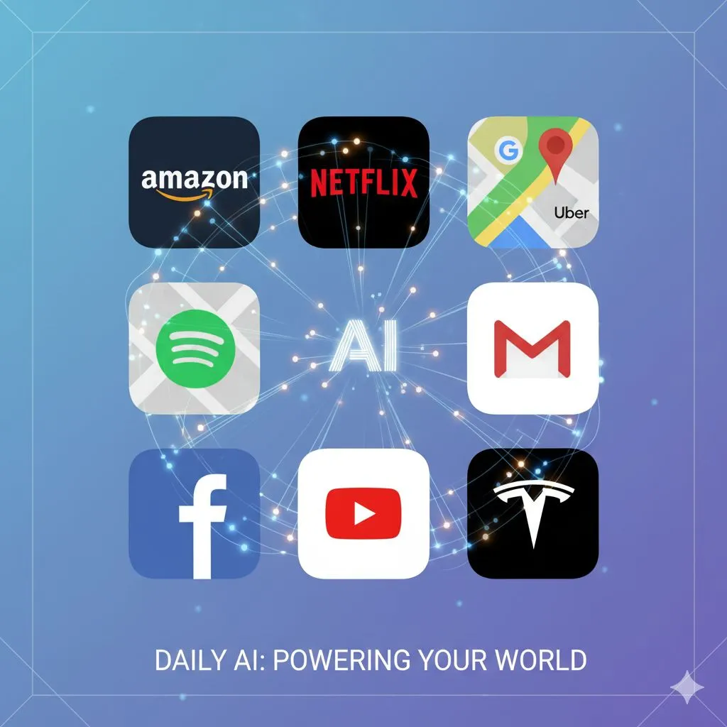 A collage of app icons like Netflix, Google Maps, and Gmail, representing common examples of artificial intelligence in daily life.