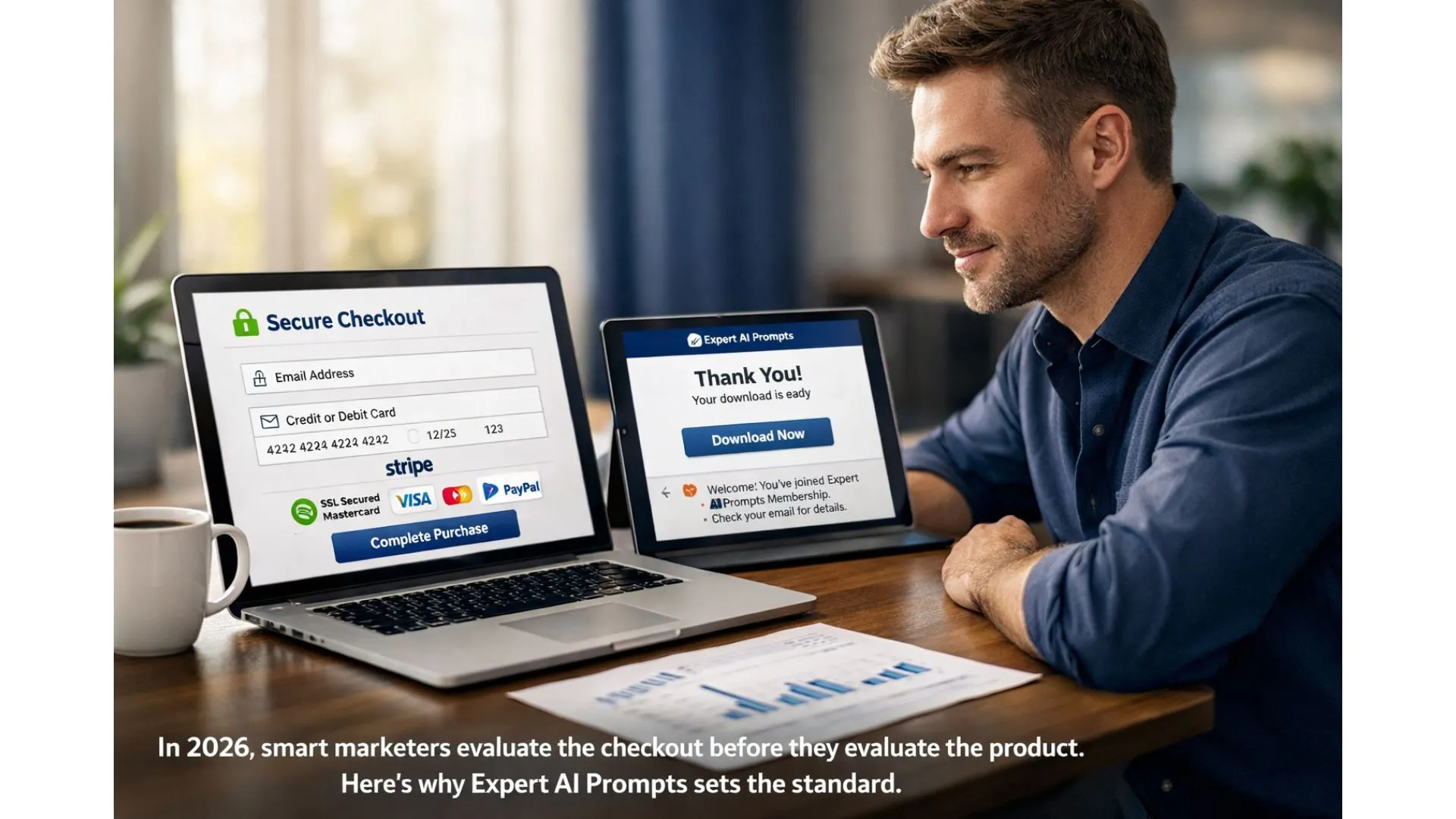 Marketer confidently completing Expert AI Prompts secure checkout powered by Stripe and Groove.cm on modern desk 