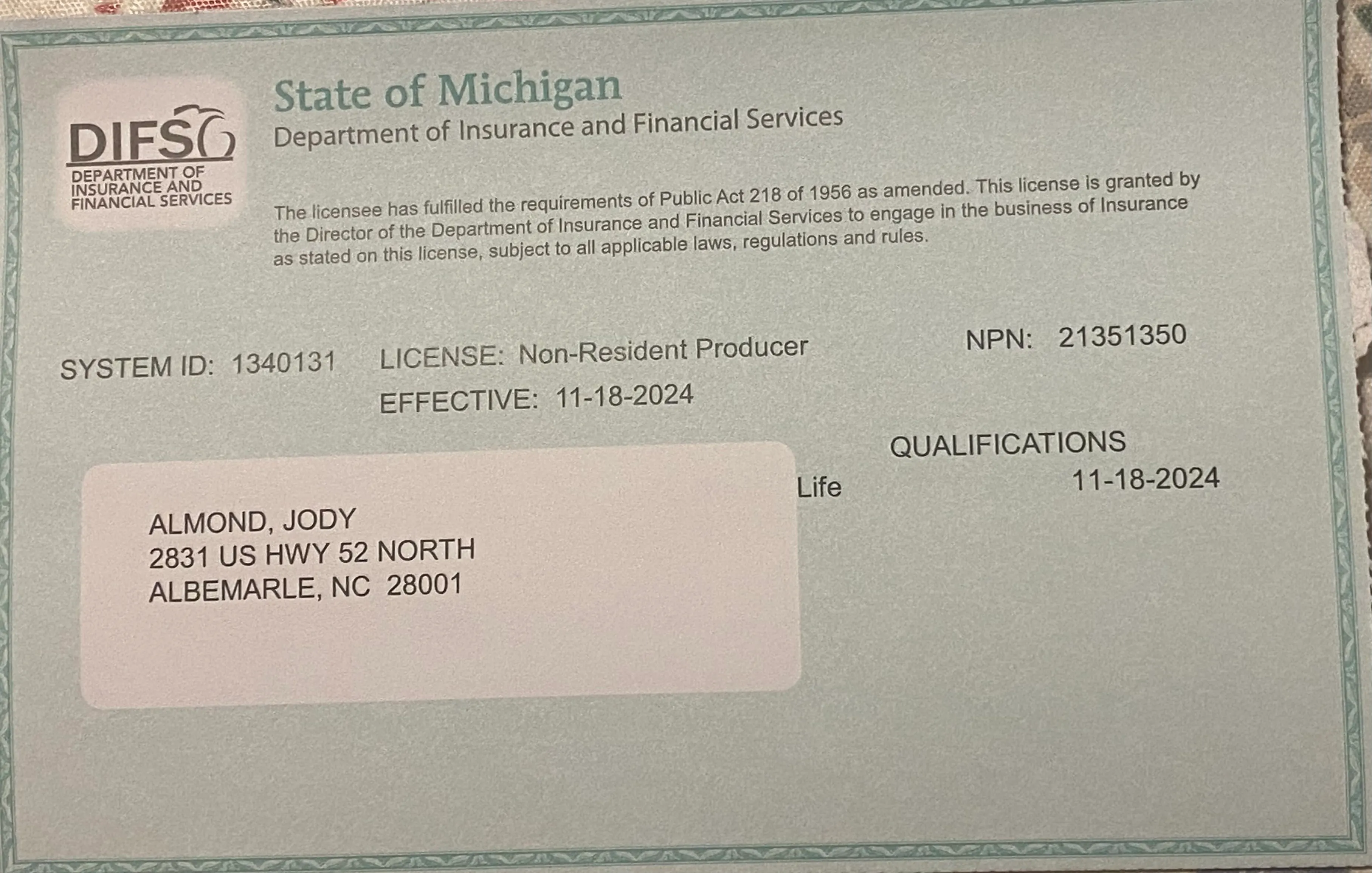 Michigan Insurance License