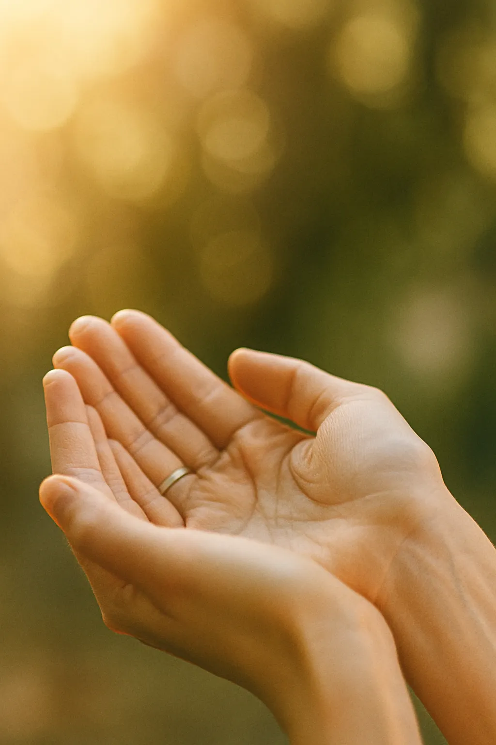 A hand outstretched to receive with blurred yellow green backg