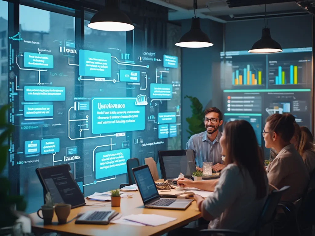 ai happy team at desk with computers