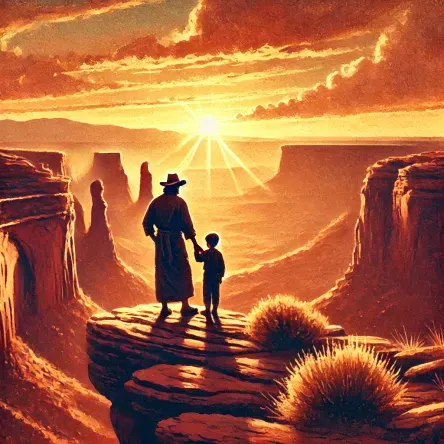Symbolic digital painting of a father and son standing at the edge of a canyon during sunset, overlooking red rock formations, evoking grounding, connection, and timeless peace