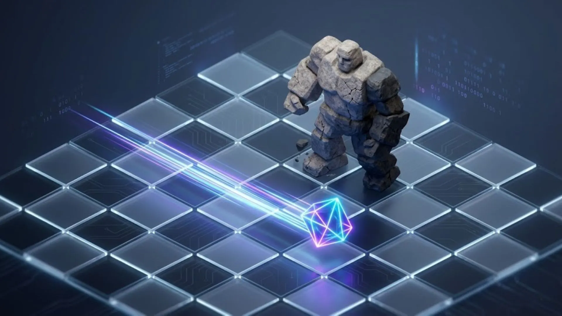 Abstract representation of a small agency competing with big firms using AI.