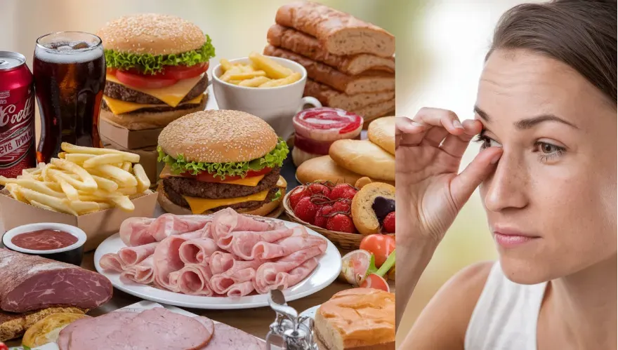 An image of foods that are bad like burgers, french fries, soda, deli meat, and pastries. To the right, there’s a woman looking at her eye closely, as if checking or inspecting it, possibly linking diet to physical eye health.